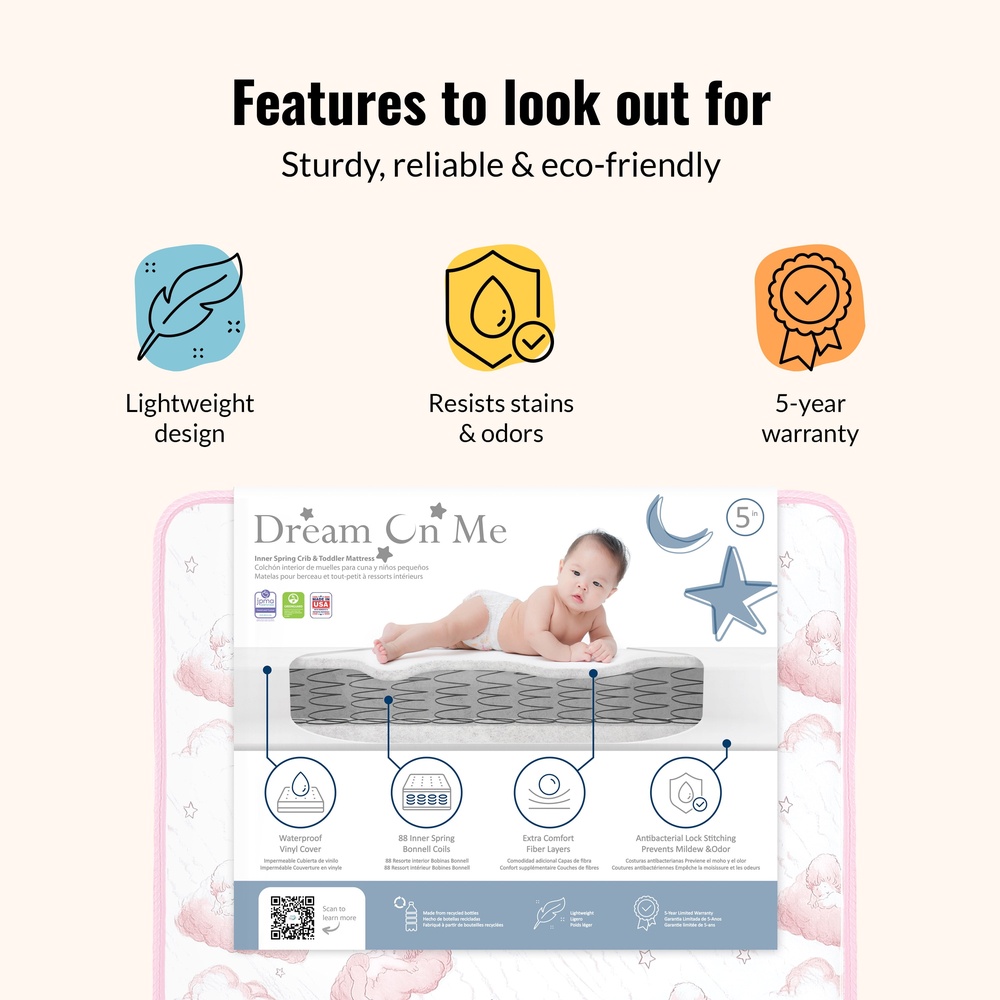 Lightweight Crib Toddler Bed Mattress 80 Coil Innerspring Waterproof Stain Resistant Hypoallergenic Firm Support 5 Inch Thick