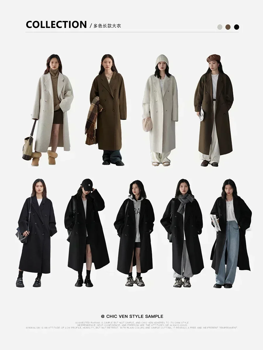 CHIC VEN Frauen Lange doppelseitige Woolen Mäntel Retro Lose Weibliche Mantel Zweireiher Damen Windschutz Herbst Winter 2023