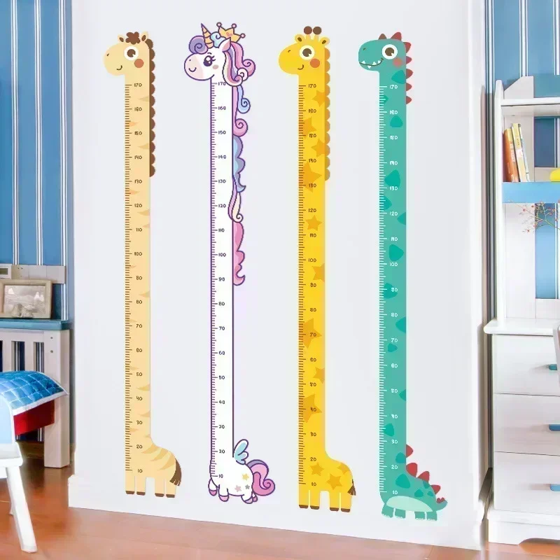 Pegatina de pared medida de altura de animales de dibujos animados, papel tapiz de dinosaurio unicornio para habitación de niños, guardería, tabla de crecimiento de regla de crecimiento infantil