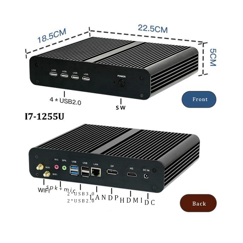 12th/13th Gen Fanless MINI PC i5-1235U/i5-1334U/i7-1255U TMP 2.0 win11 10Core 12Threads DDR4  MAX 64GB windows 11 Freeshipping