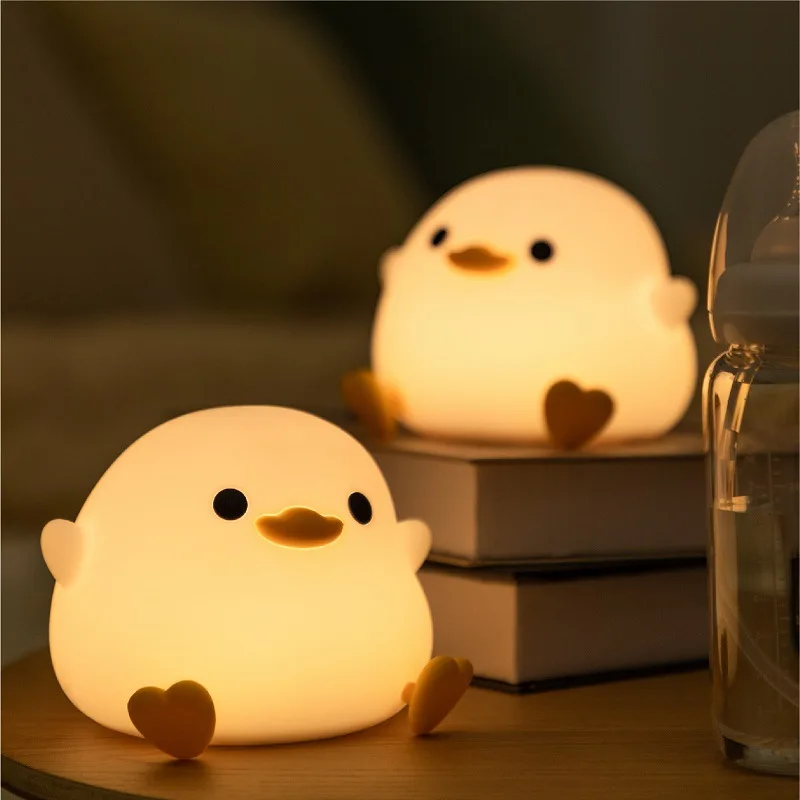 Luz LED nocturna con bonito pato Doudou, lámpara de silicona para niños, Sensor táctil, sincronización, recargable por USB, luz suave, cuidado de los ojos