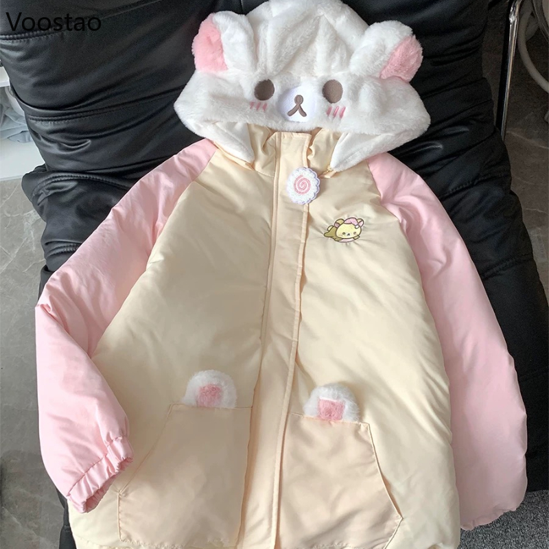 Kawaii Winter Cartoon Borduren Lolita Parka Vrouwen Y2k Schattige Beer Oren Capuchon Casual Ritsen Losse Harajuku Gewatteerde Jas
