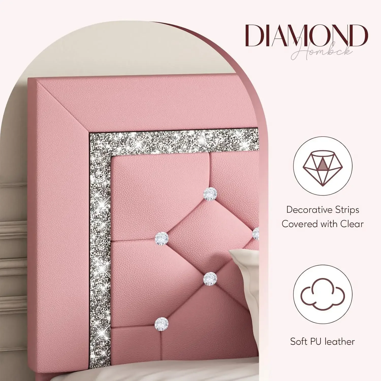 Twin Bed Frame, Pink Upholstered Bed Frame Twin Size with Diamond Tufted Headboard, Girls Twin Bed Frame with Faux Leather
