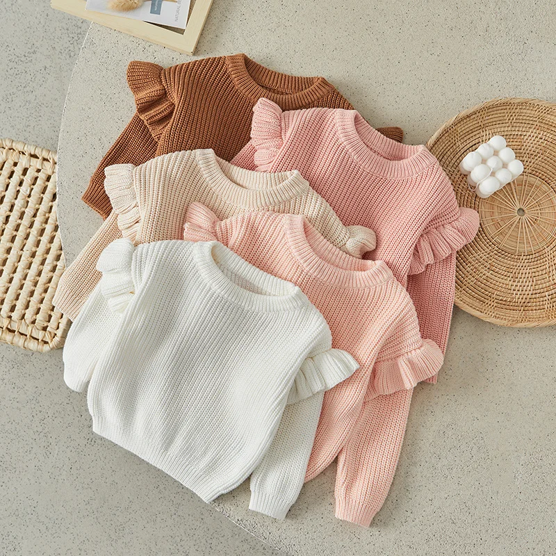 Suefunskry Newborn Baby Girl Boy Knitted Ruffled Long Sleeve Sweaters Solid Color Loose Pullover Toddler Casual Tops