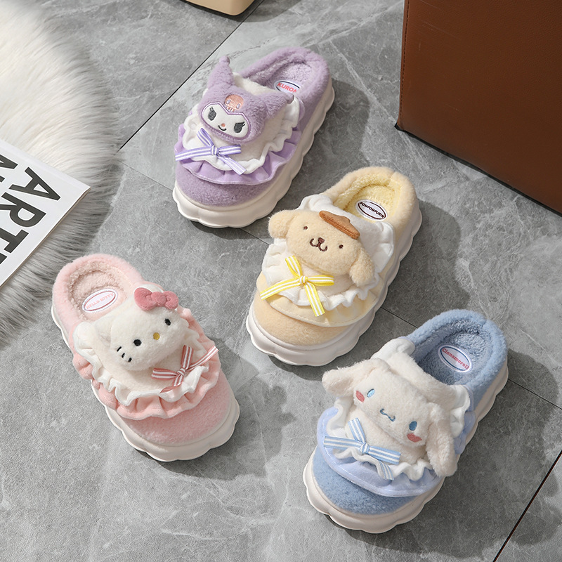 Зимние тапочки, теплые шлепанцы MINISO Kuromi Hello Kitty, противоскользящая обувь в дверь Cinnamoroll, милые, милые