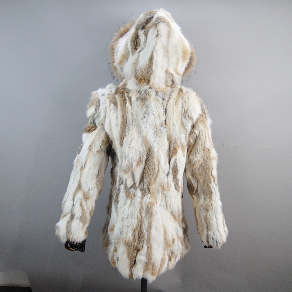 Senhora inverno com capuz casaco de pele real natural quente jaqueta de pele de coelho com gola de pele de guaxinim feminino 100% genuíno pele de coelho outerwear