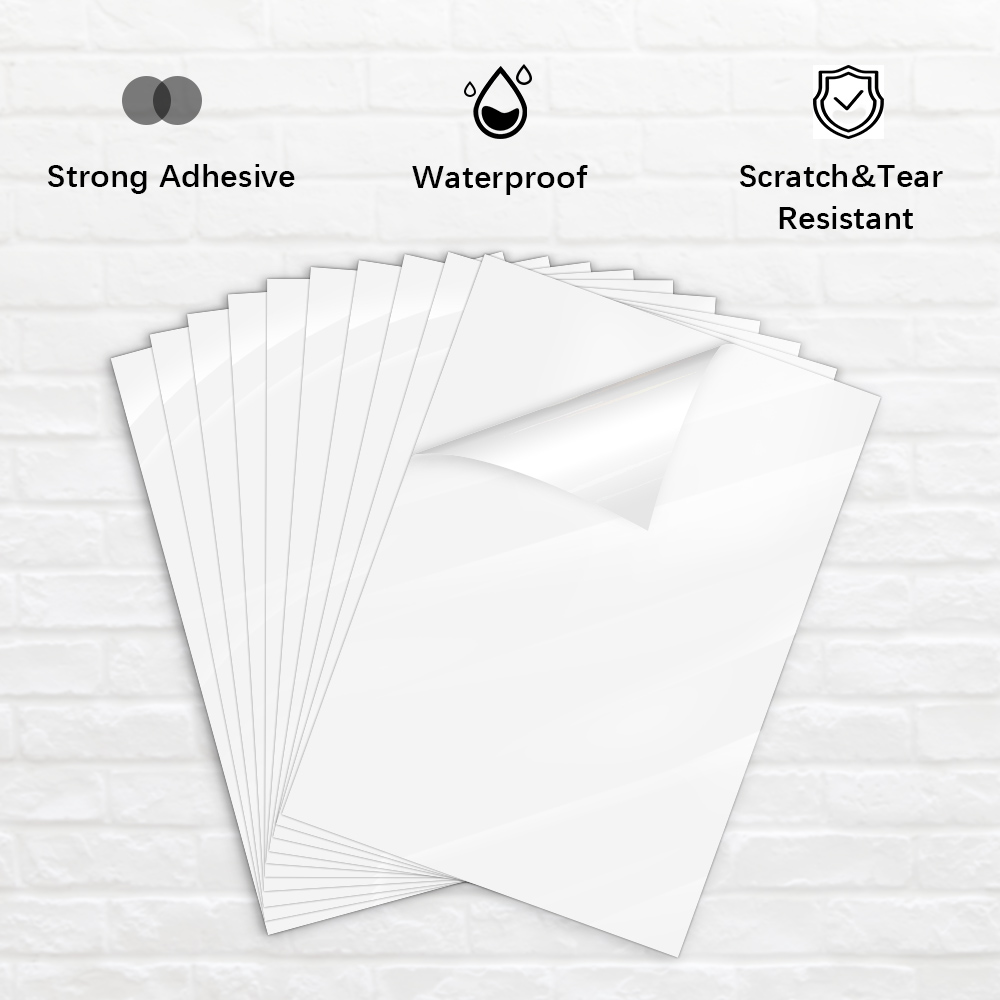 50 Blatt A4 transparentes, bedruckbares Vinyl-Aufkleberpapier, glänzendes weißes, selbstklebendes Kopierpapier für Tintenstrahldrucker, DIY-Bastelbänder