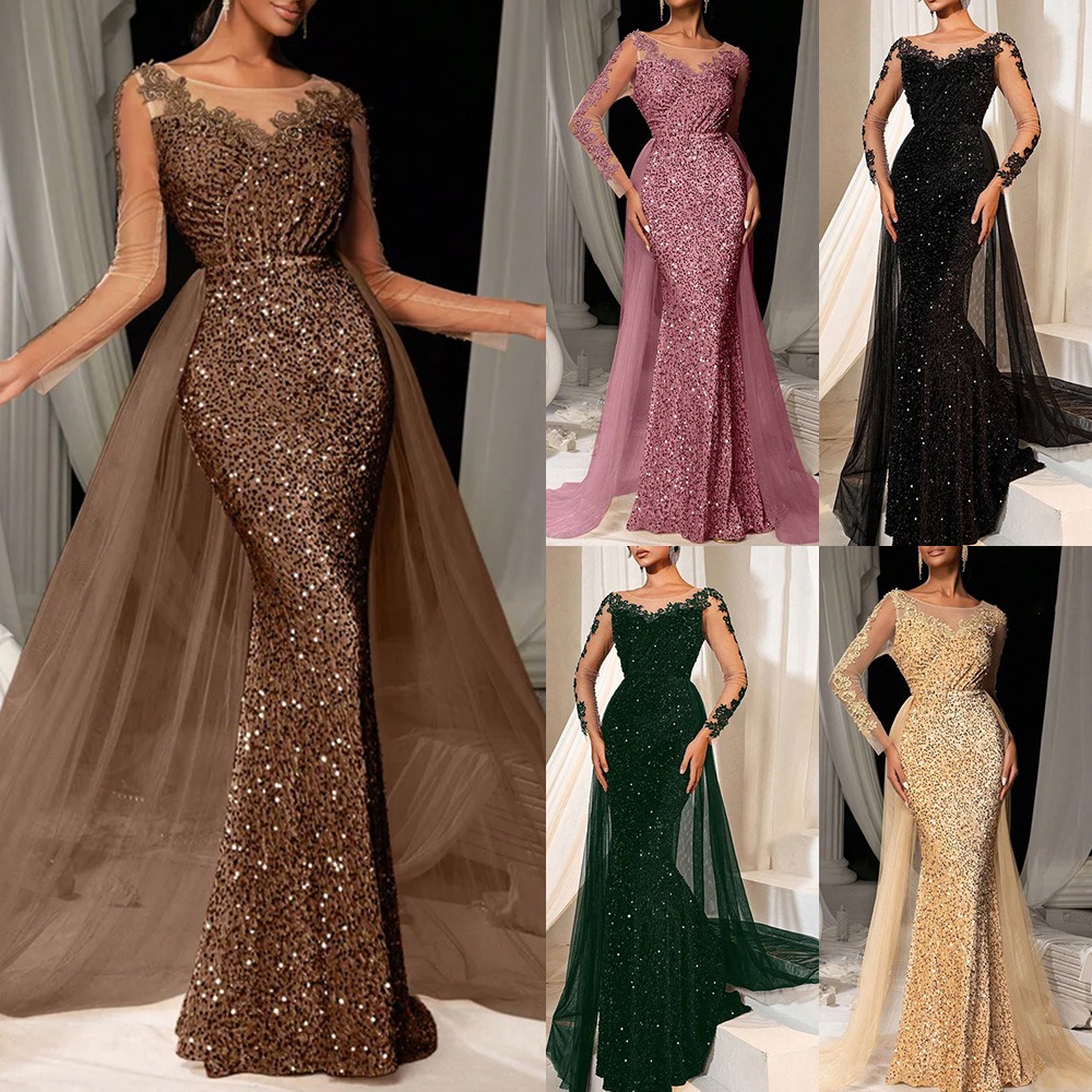 2025 Новое элегантное платье для выпускного вечера, кружевное вечернее платье с длинными рукавами и глубоким v-образным вырезом, длиной до пола, со шлейфом для гала-вечеринки, свадьбы ​