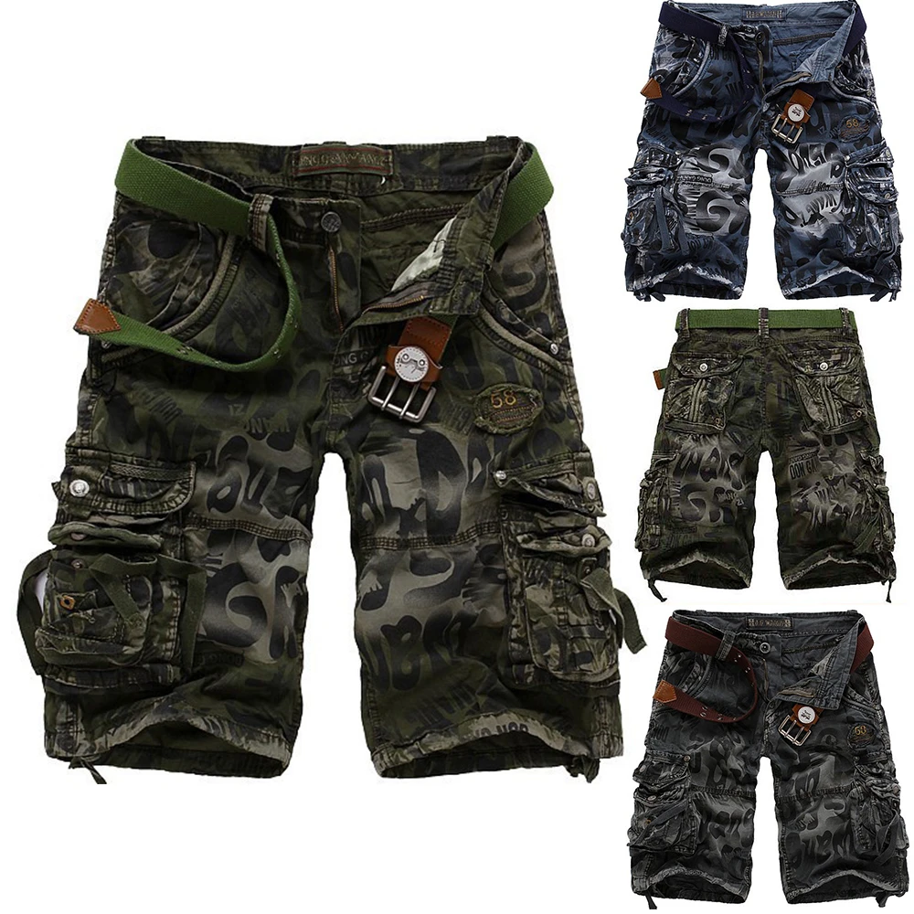 Calções de trabalho estampados com camuflagem masculina, bolso múltiplo, com zíper, botão, combate militar, diário, casual, rua, verão