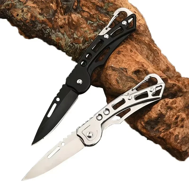 Cuchillo plegable con llavero de acero inoxidable, cuchillo de transporte para exteriores, espejo, cuchillo de bolsillo afilado, cuchillo de fruta