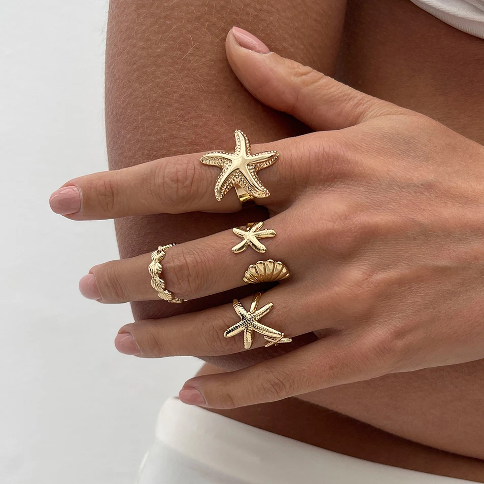 SHIXIN-Anillos abiertos ajustables con forma de estrella de mar para mujer, sortija geométrica de Color dorado, accesorio de joyería de playa de verano, 4 unidades por juego