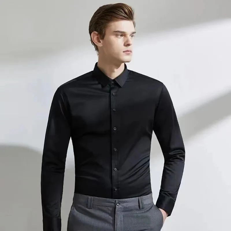 Camisa elástica de manga larga para hombre, vestido de negocios sin planchar, traje de trabajo profesional, camisa con cuello levantado, camisas para hombre