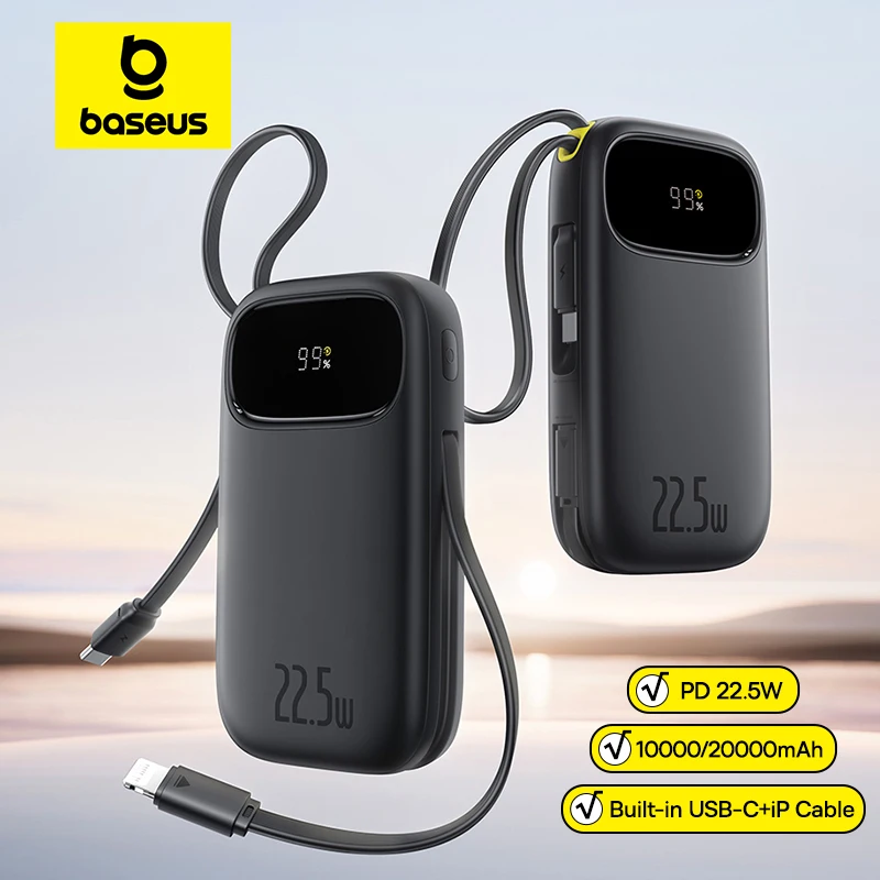 Baseus 22.5W 10000mAh 20000mAh Power Bank Built-In Retractable USB-C & Lightning Cable for iPhone 16 Samsung S25 Xiaomi Poco