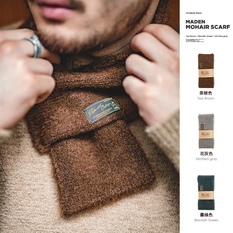 Maden-bufanda de Mohair Vintage para hombre y mujer, bufandas tejidas de invierno, cálida, a prueba de viento, Color sólido, moda Simple, bufanda de cuello de tamaño pequeño