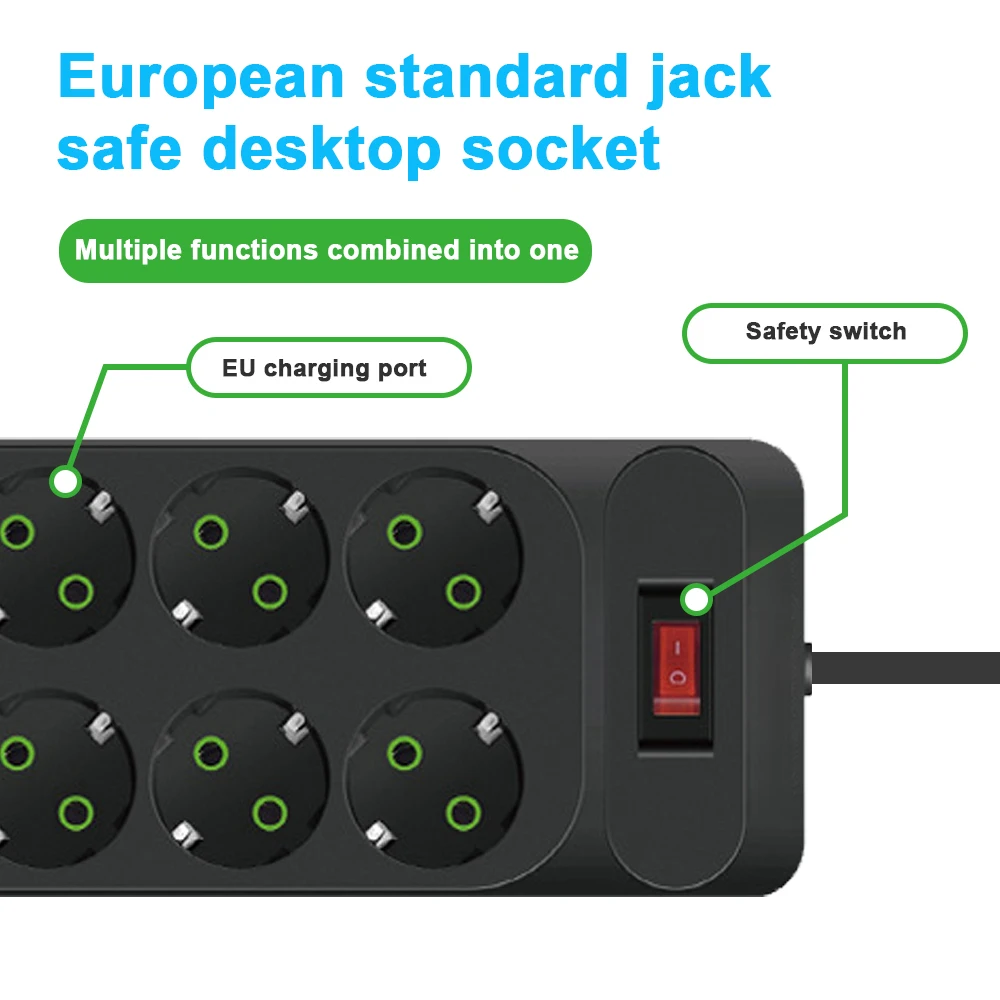 2500W EU AC Plug Power Strip Safety Switch 2m extension cord European Standard Plug Socket Network Filter With USB C Charging