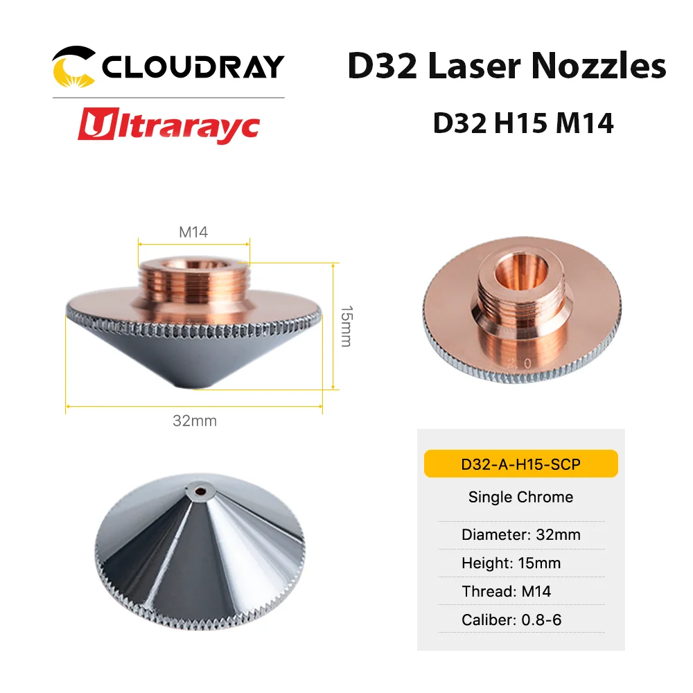 Ultrarayc Sợi Đầu Cắt Laser Vòi Phun Đơn Đôi Chrome Mạ Lớp D32 Cỡ Nòng 0.8-6.0Mm Cho Raytools đầu Laser