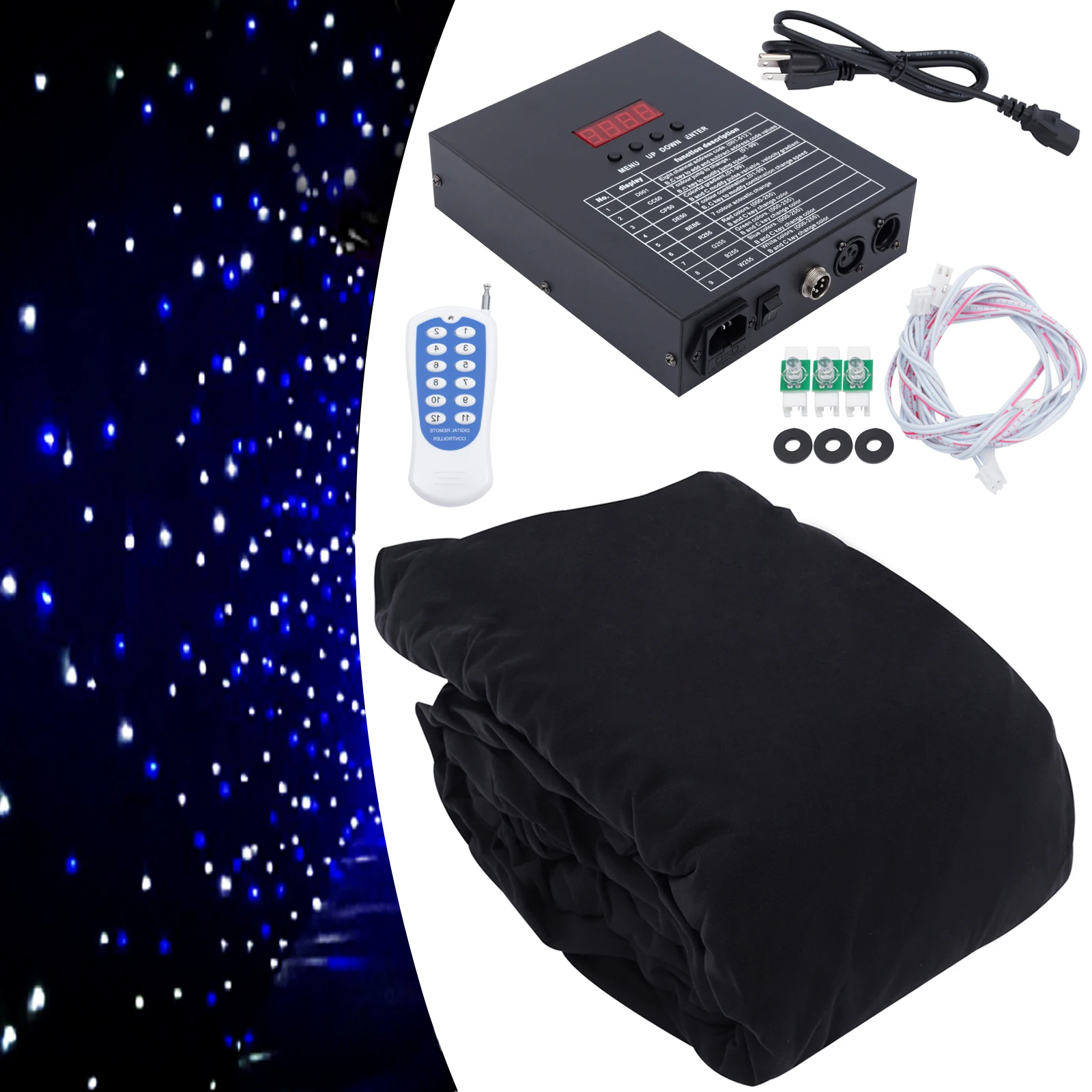 White&Blue LED Backdrop Curtain Double-Layer Velvet - About 216 LED Beads&60W Power, 9.84*13.12Ft Size&Indoor/Outdoor Applicable