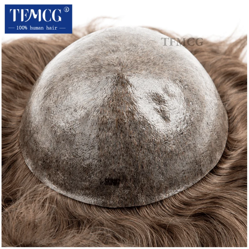 Toupee สําหรับชาย 100% ผมมนุษย์อินเดียวิกผมผู้ชายผู้ชาย Capillary Prothesis ผมชายวิกผมสบาย 0.1-0.12 มม. ผิววิกผม