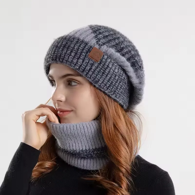 2 pezzi inverno caldo sciarpa cappello set unisex lavorato a maglia due colori splicing cappello di cashmere spesso accessorio per pendolari ciclismo all'aperto