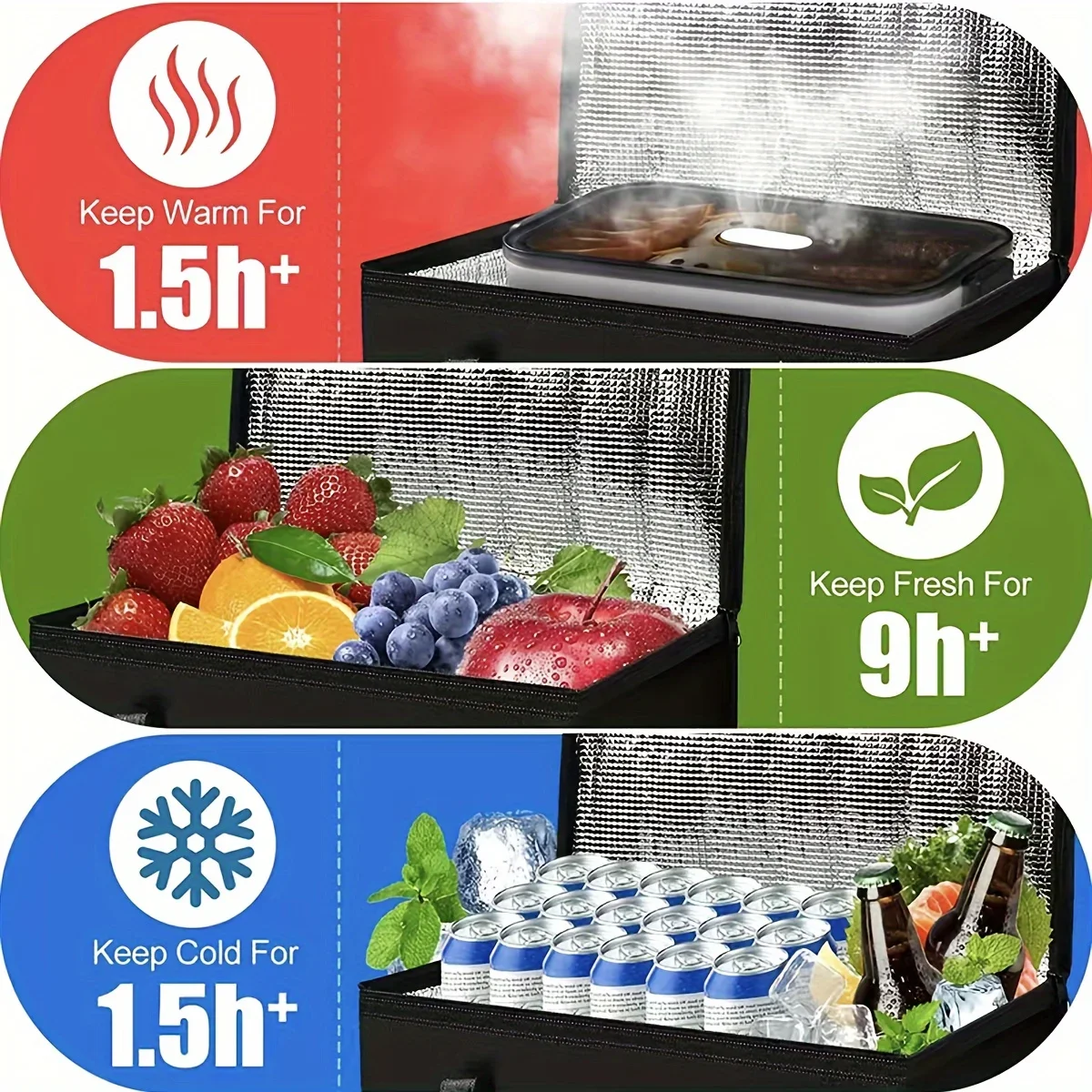 XL/Large Insulated Bag: Keep Food Hot & Cold For Hours - Grocery Tote, Soft Cooler Bag, Pizza Warmer Lightweight & Sturdy Zipper