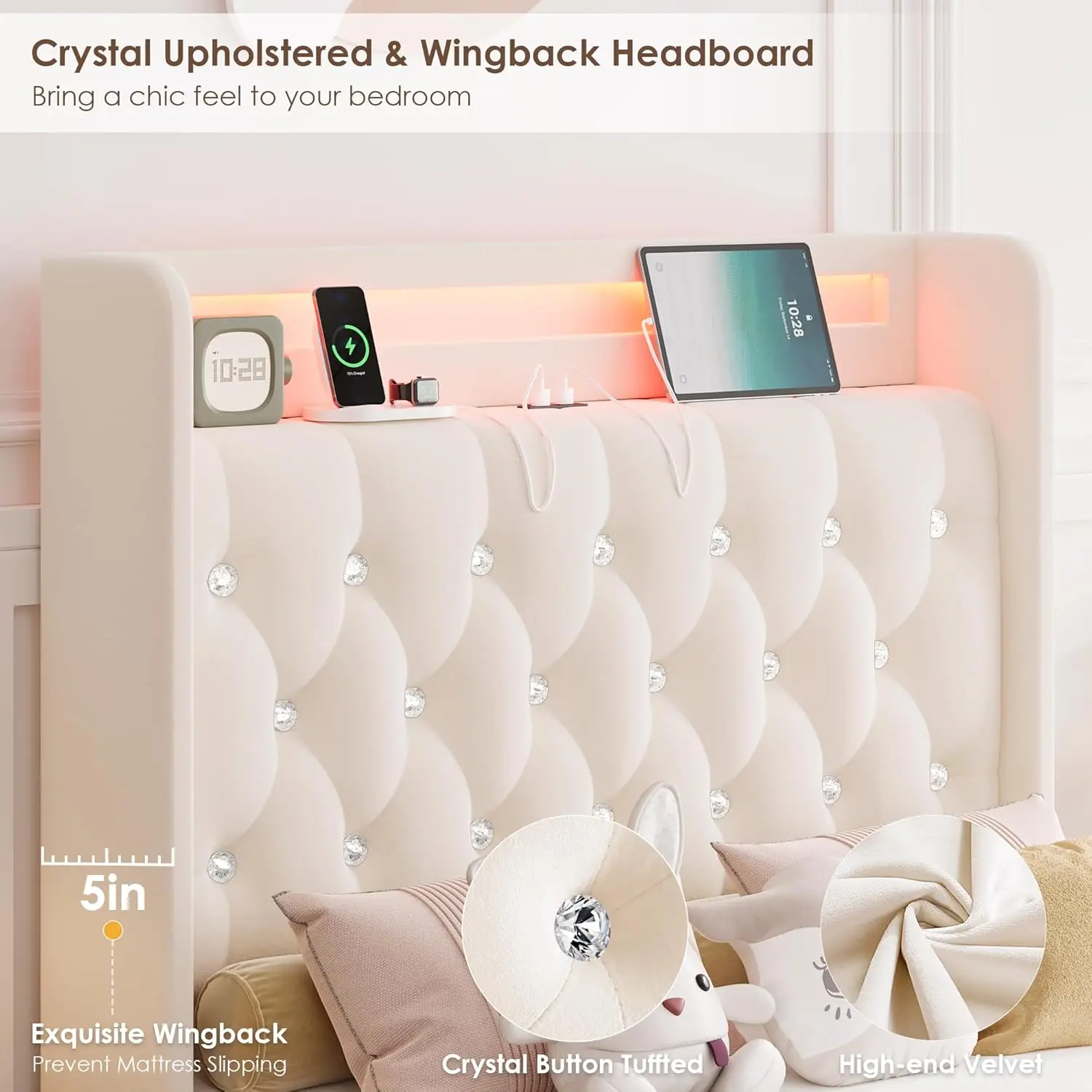 LED Bed Frame with Charging Station and 4 Storage Drawers, Velvet Upholstered Platform Bed with Handcrafted Crystal B