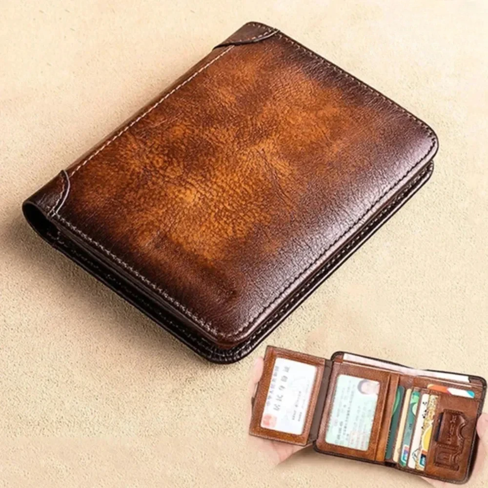 Carteiras masculinas com bloqueio RFID de couro genuíno com três dobras carteira curta de negócios para homens com janela de identificação e suporte para cartão de crédito