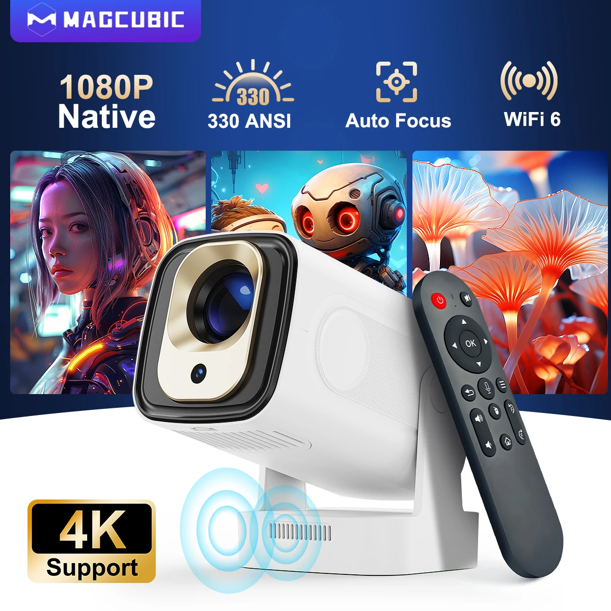 Mini proyector Magcubic HY310 para películas al aire libre enfoque automático 1080P 330ANSI Android 11 WiFi6 BT5.4 4K con control remoto por voz Air Mouse