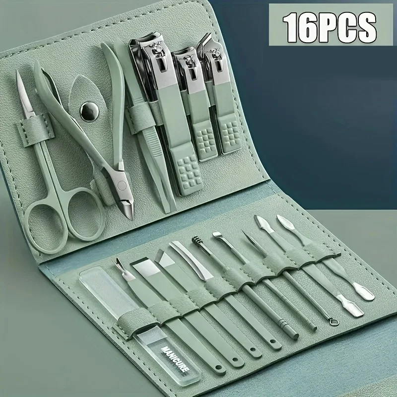 Juego profesional de cortaúñas y pinzas para cutículas, Set de manicura y pedicura con estuche de viaje, 16 piezas