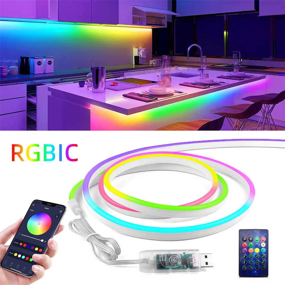 Luces de tira LED flexibles, luces de tira de neón que cambian de color RGB con aplicación/control remoto, luces de neón LED para exteriores impermeables IP67。
