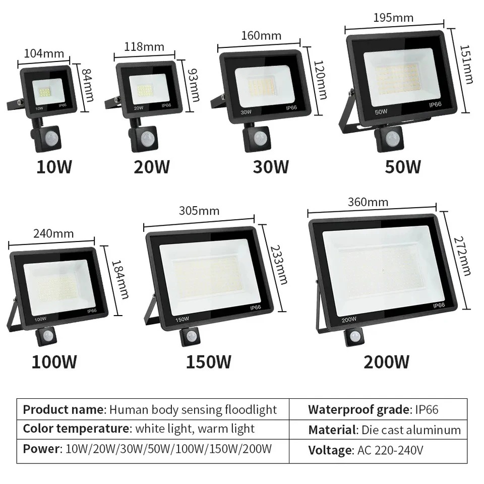 LED PIR Motion Sensor Floodlight Outdoor Wall Light White Light 50W 20W IP66 Waterproof LED Spotlight For Garden