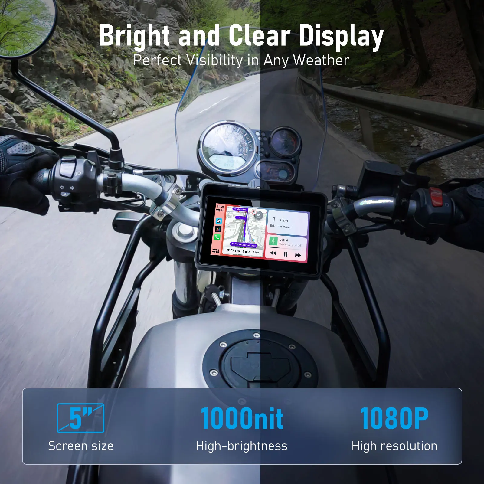Lemorele Tela GPS para motocicleta de 5 polegadas com DVR opcional, CarPlay sem fio e Android Auto, display de navegação portátil