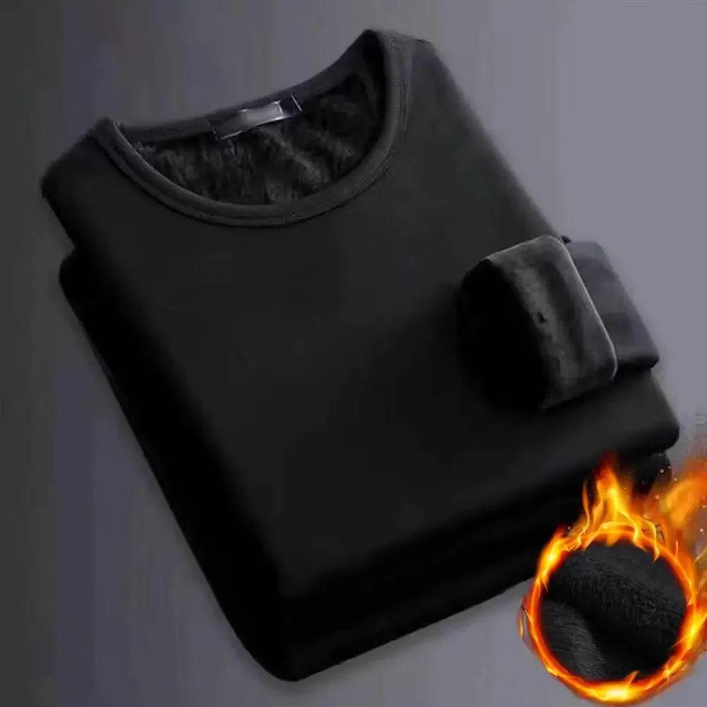 Camiseta térmica de manga larga para hombre, camisa de fondo de lana, camisa de cuello redondo, camiseta acolchada de terciopelo a la moda, invierno
