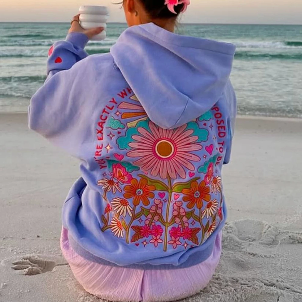 Combhasaki feminino y2k carta floral bordado pulôver com capuz aconchegante elegante manga comprida moletons soltos com bolso canguru