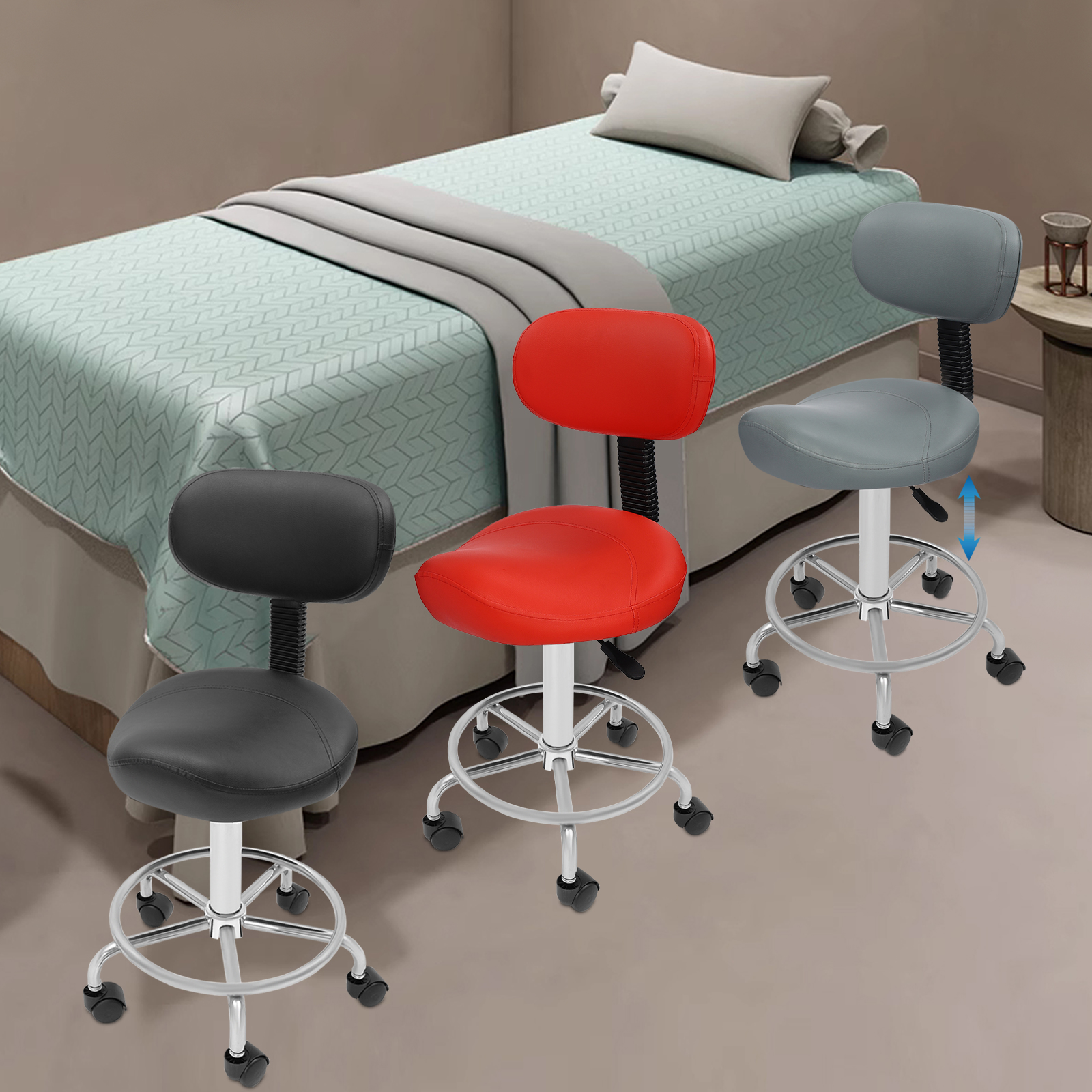 Salon PU-stoel Verstelbare hoogte Rugleuning Barkruk Thuishefstoel Schoonheid Rollende kruk Spa-stoel 360° ° draaibare Zitbelasting 150KG