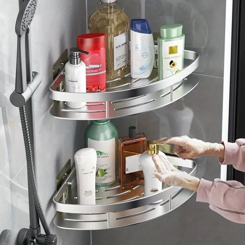 ห้องน้ําชั้นวางอลูมิเนียมแชมพูRackแต่งหน้าOrganizerชั้นวางของห้องน้ําอุปกรณ์เสริมไม่มีเจาะชั้นวางมุมผนัง