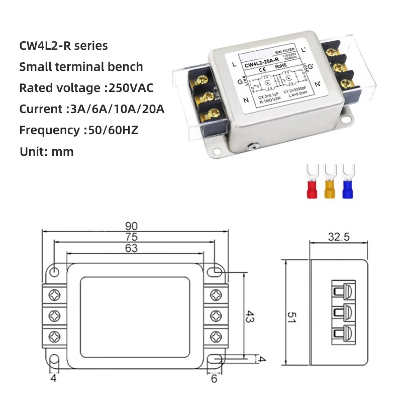 Módulo de filtro de potencia CW4L2-20A 3A 6A 10A 20A tipo terminal de filtro de potencia bloque de terminales de guía bipolar 220v AC EMI fuente de alimentación ant