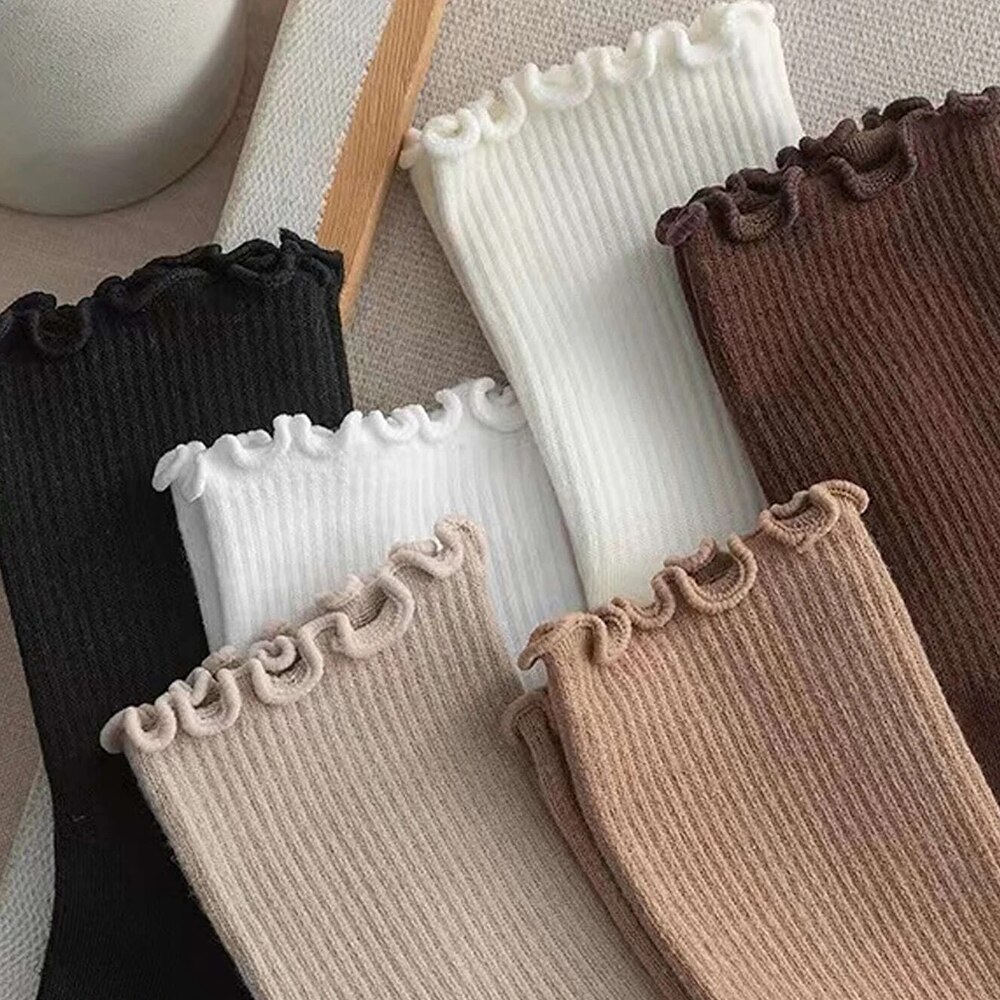 5 paia/lotto calzini di media lunghezza con volant set di colori solidi traspiranti da donna calzini da ragazza comfort che assorbono il sudore primaverili e autunnali