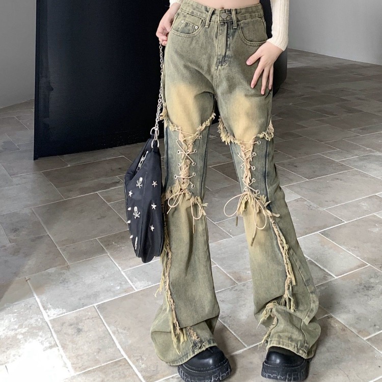 Celana kasual lurus Retro Amerika Oversize Y2k Grunge kaki lebar longgar pinggang tinggi 2025 Jeans bawah Bell baru wanita