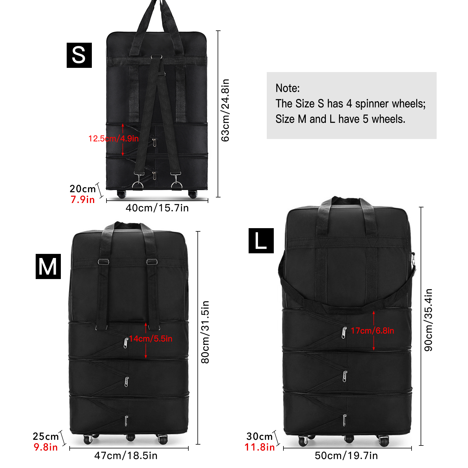 S/M/L Size Travelling Pack Wheels For Women Men Expandable Foldable Trolley Luggage Versatile Black Suitcase For Weekend Trip
