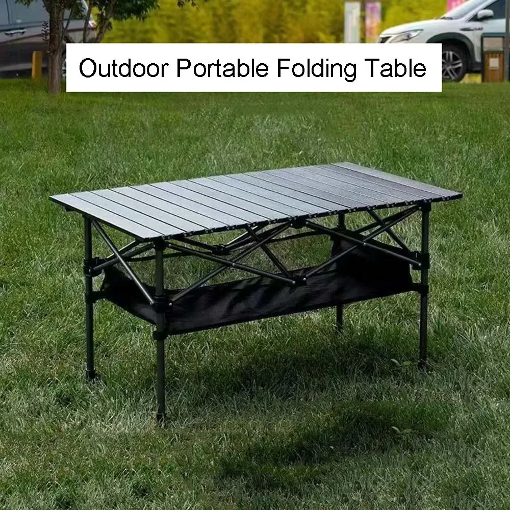 Mesa longa dobrável ao ar livre, preta, mesa de acampamento, churrasco, fácil de instalar, rede de armazenamento portátil, leve, estável