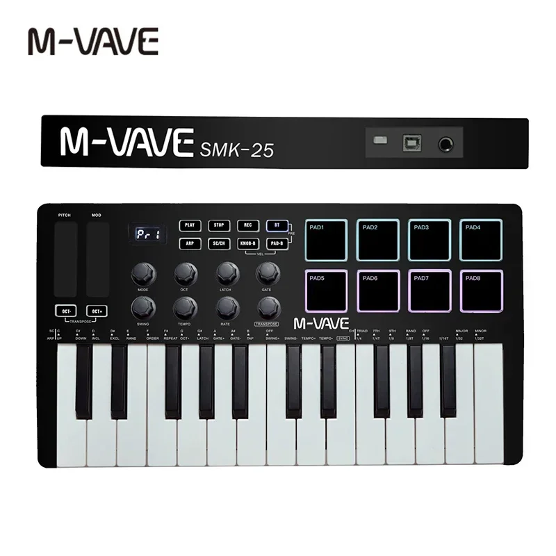 M-VAVE 25-Key MIDI Controller Keyboard Mini Portable USB Keyboard Piano MIDI Keyboard Controller 8 RGB Backlit Pads 8 Knobs