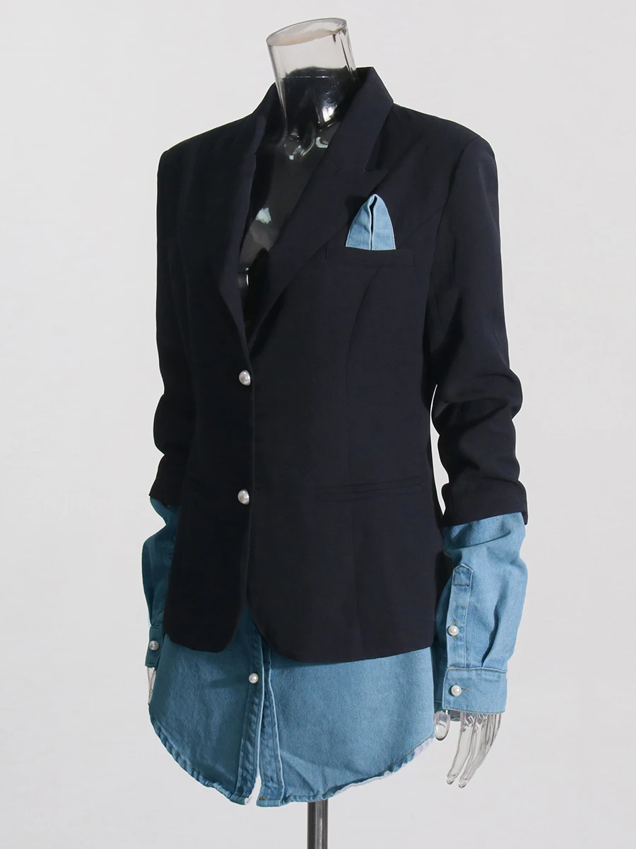 TWOTWINSTYLE Colorblock Patchwork Denim Blazer Für Frauen Kerb Kragen Langarm Verstärktes Taste Chic Blazer Weibliche Mode