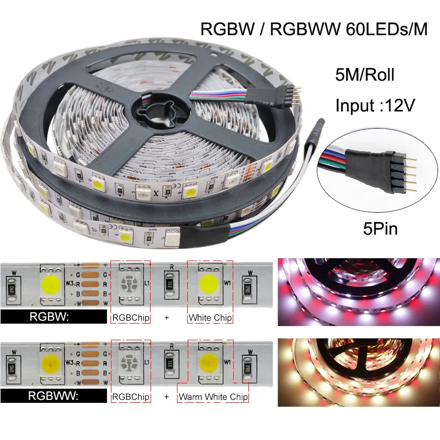 Striscia LED 5050 DC 12V 24V RGB Bianco caldo 5 metri Impermeabile Flessibile Striscia di luce 60LED/Cinta pigmentata Luces Lampada Nastro Tv Retroilluminazione