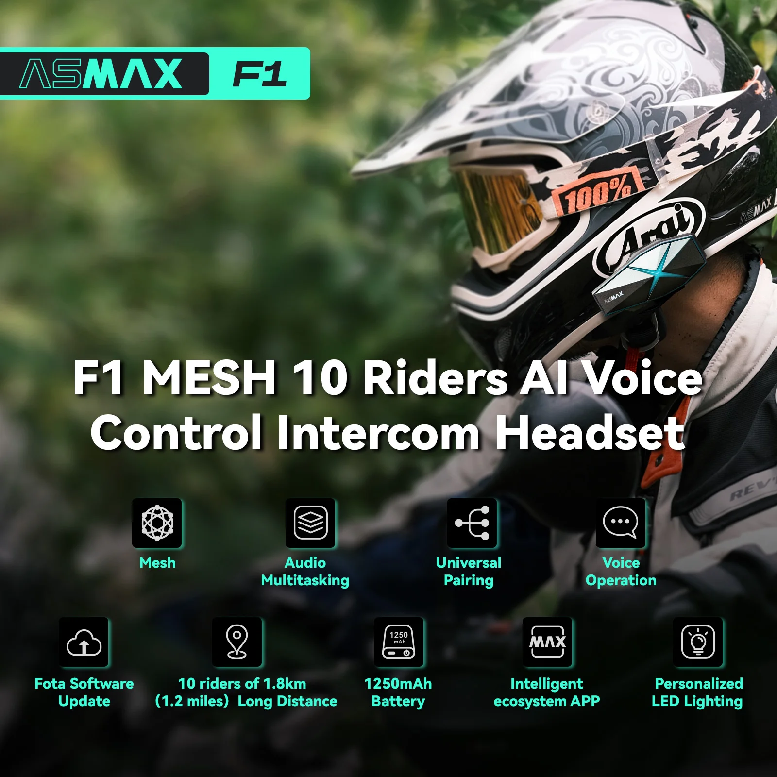 ASMAX F1 Intercomunicador de Motocicleta, Controlado por Voz, Soporta intercomunicador para 10 personas, 1800m de distancia de comunicación, Bluetooth 5.3/Emparejamiento Universal/Cancelación de Ruido/Impermeable IP67