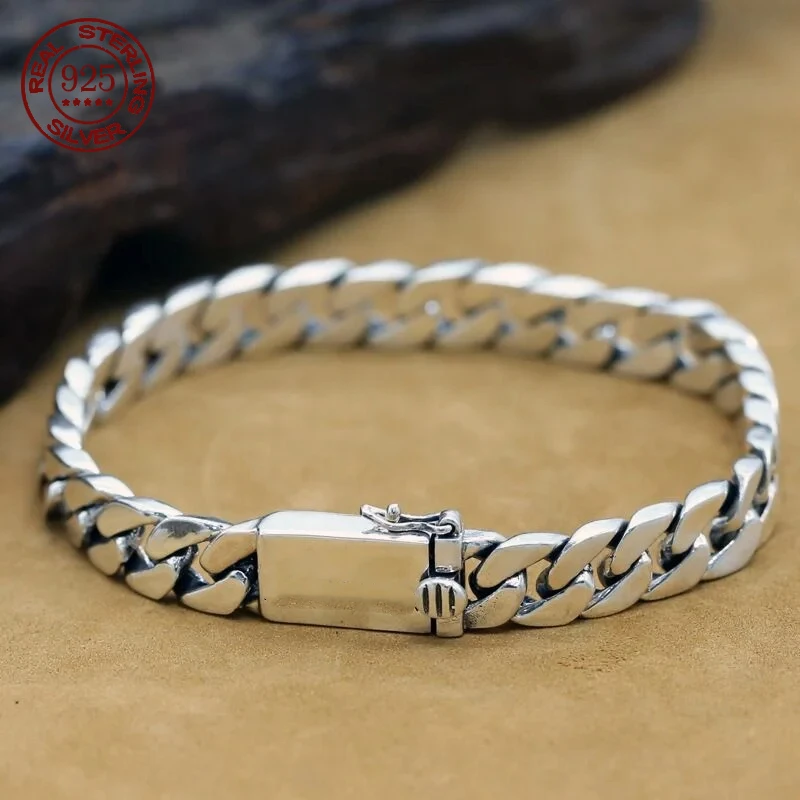 100% S925 สร้อยข้อมือเงินแท้ 8MM Punk S925 เงินไม่เคยFadeพกพาใบรับรองผู้ชายผู้หญิงเครื่องประดับของขวัญ