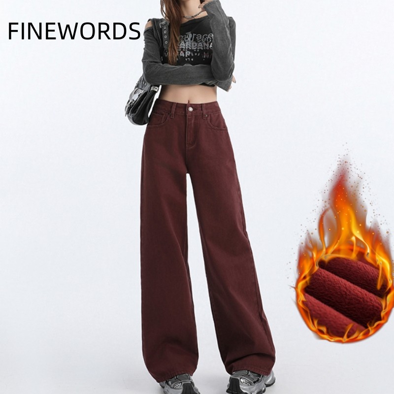 ファインワード-女性の冬のレトロなジーンズ、カジュアルなワイドレッグデニムパンツ、厚いカシミヤストリートウェア、ハイウエスト、バギー、アンジェラレッド