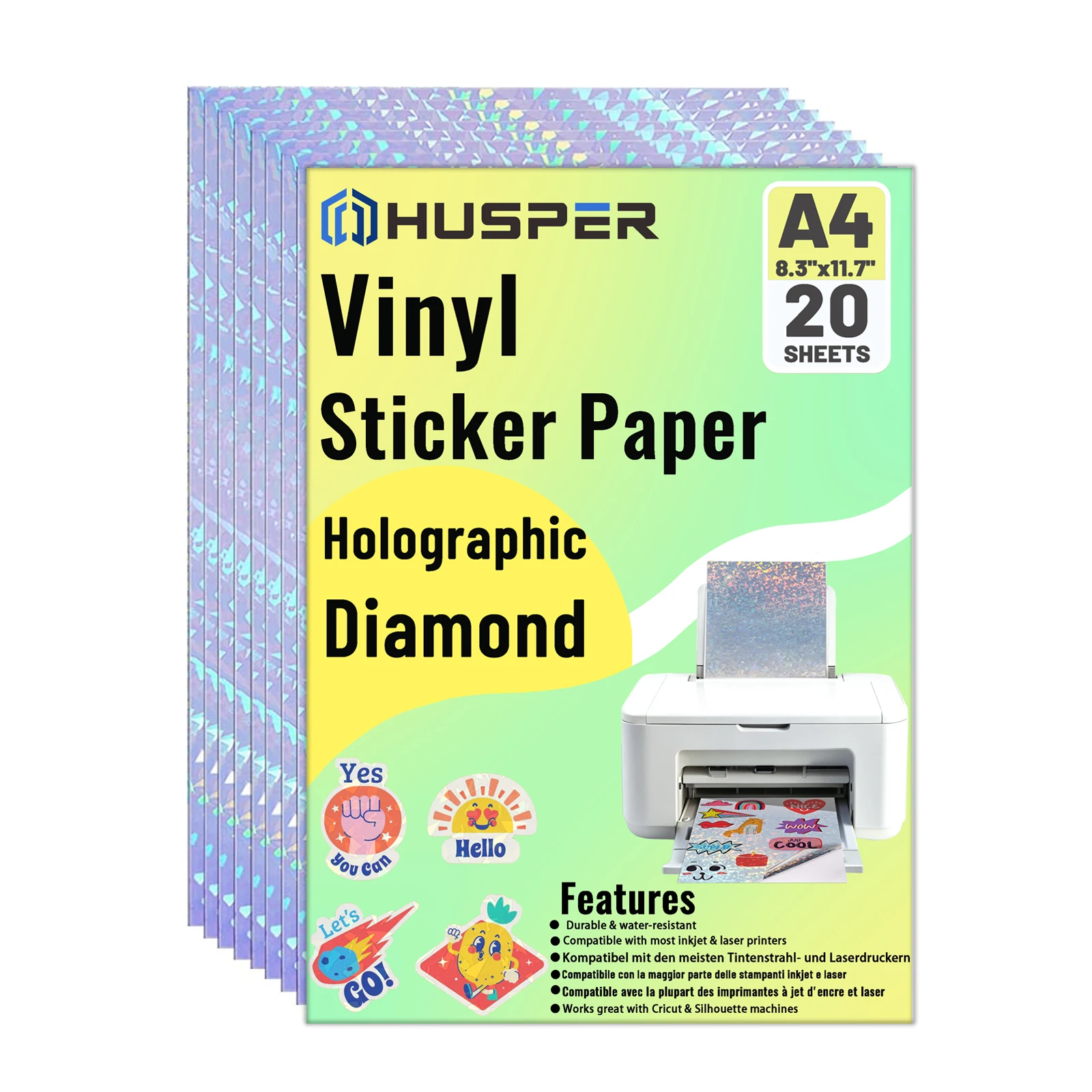 20 hojas de papel adhesivo holográfico de diamante imprimible tamaño A4, 8,3x11,7 pulgadas, autoadhesivo, impermeable, pegatina de vinilo de vidrio roto