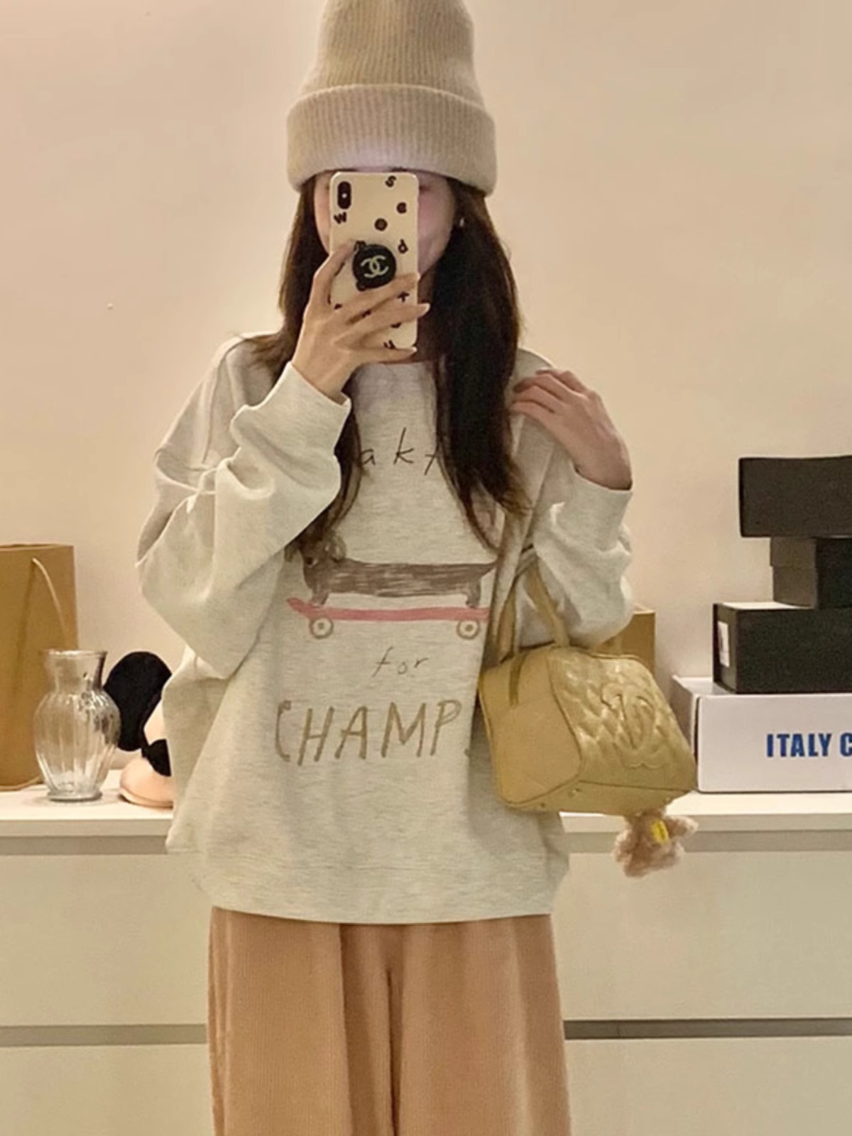 Chic Grey round Neck Sweatshirt Women Winter Large Size Lazy Sle Loose Slimming Trendy Ins Hatless Long Sleeve Top