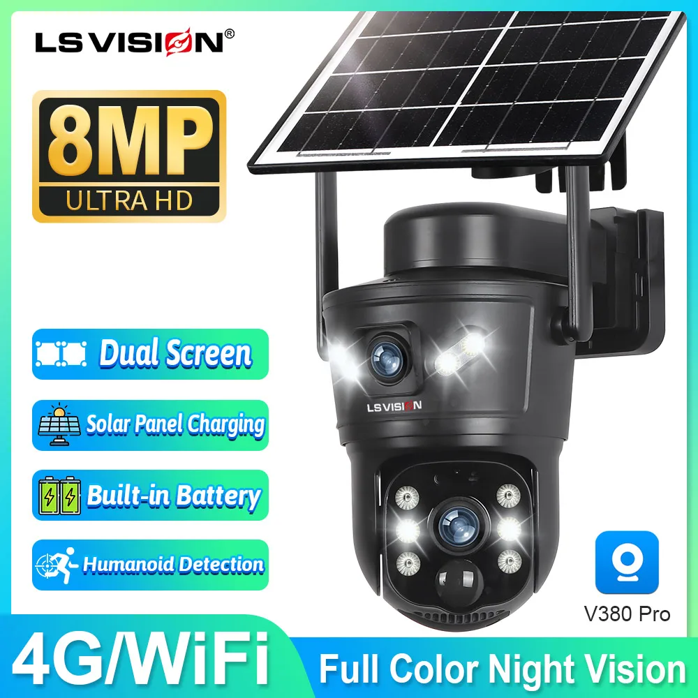 LS VISION 4G/WiFi cámara Solar lente Dual exterior 8MP 4K batería de baja potencia cámara IP PIR visión nocturna V380 Pro CCTV seguridad