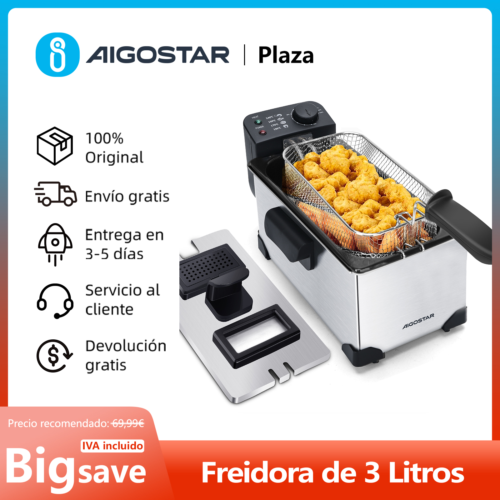 Freidora de 3 Litros, 2200 W, Tapa con Ventana de Visualización, Termostato Ajustable, Acero Inoxidable de Tipo 304 y Recipiente Totalmente Extraíble para Vaciado de Aceite